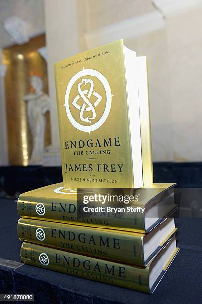 The book "Endgame: The Calling" is displayed during the grand prize presentation of the first interactive puzzle from the book "Endgame: The Calling"...