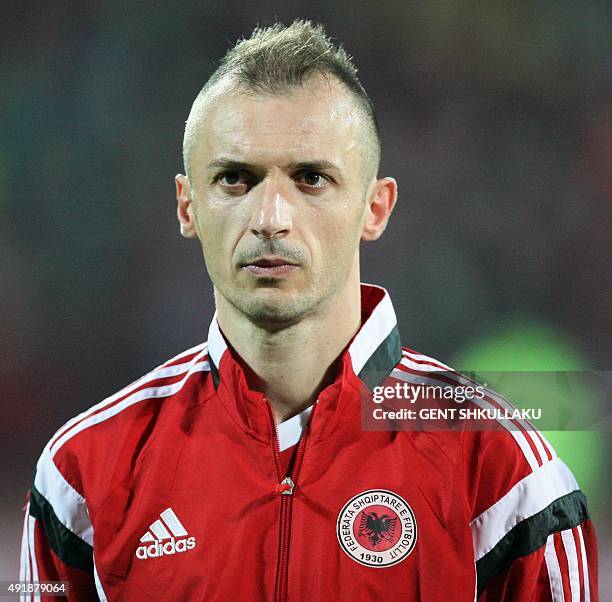 Albania's Ansi Agolli looks on prior to the Euro 2016 qualifying football match between Albania and Serbia on October 8, 2015 at the Elbasan Arena in...