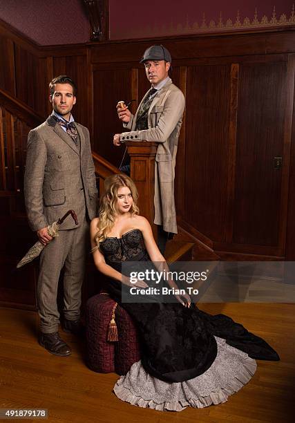 Cast members James Maslow, Renee Olstead, and David Arquette pose at Original Stage Adaptation of "Sherlock Holmes" Photo Shoot on October 8, 2015 in...