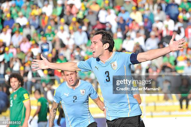 Diego Godin of Uruguay celebrates after scoring the second goal of his team during a match between Bolivia and Uruguay as part of FIFA 2018 World Cup...