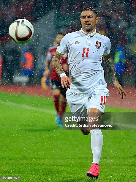 Aleksandar Kolarov of Serbia in action during the Euro 2016 qualifying football match between Albania and Serbia at the Elbasan Arena in Elbasan on...