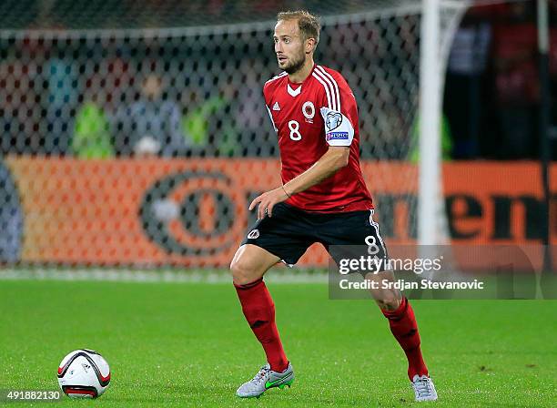 Migjen Basha of Albania in action during the Euro 2016 qualifying football match between Albania and Serbia at the Elbasan Arena in Elbasan on...