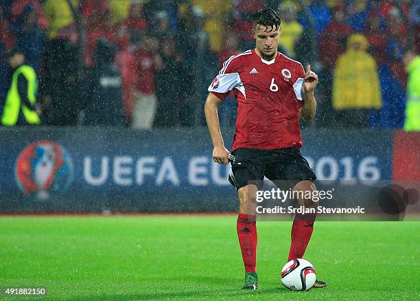 Berat Xhimshiti of Albania in action during the Euro 2016 qualifying football match between Albania and Serbia at the Elbasan Arena in Elbasan on...
