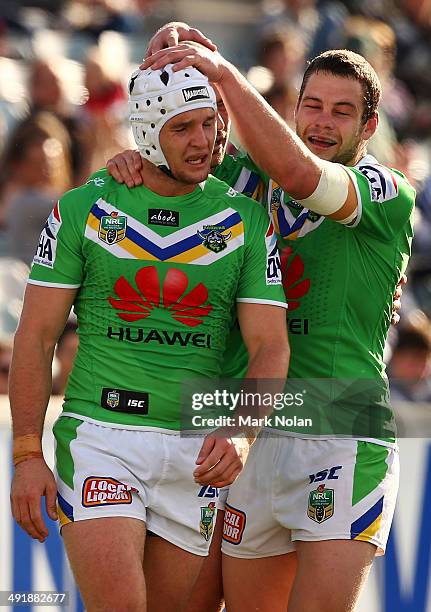 Jarrod Croker of the Raiders is cpngratulated after scoring during the round 10 NRL match between the Canberra Raiders and the Penrith Panthers at...