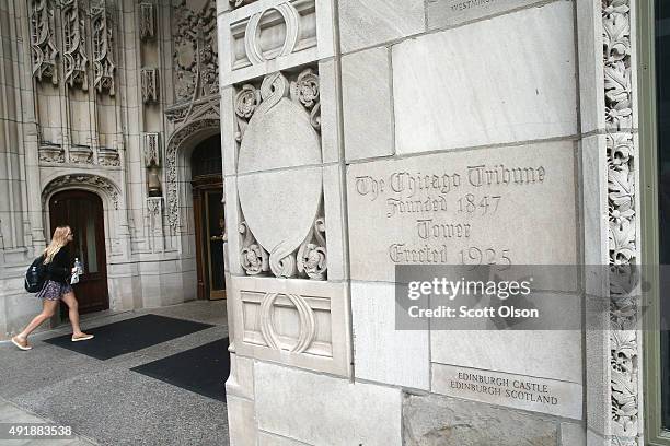 The Tribune Tower, home of the Chicago Tribune sits along Michigan Avenue at the Chicago River on October 8, 2015 in Chicago, Illinois. Tribune Media...