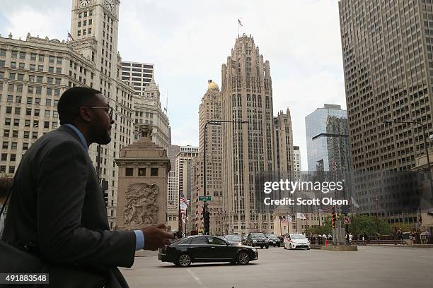 The Tribune Tower, home of the Chicago Tribune sits along Michigan Avenue at the Chicago River on October 8, 2015 in Chicago, Illinois. Tribune Media...