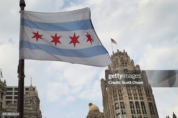 The Tribune Tower, home of the Chicago Tribune sits along Michigan Avenue at the Chicago River on October 8, 2015 in Chicago, Illinois. Tribune Media...