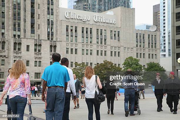 The Tribune Tower, home of the Chicago Tribune sits along Michigan Avenue at the Chicago River on October 8, 2015 in Chicago, Illinois. Tribune Media...