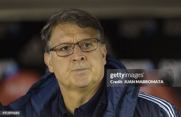 Argentina's coach Gerardo Martino is pictured during the Russia 2018 FIFA World Cup qualifiers match against Ecuador, at the Monumental stadium in...
