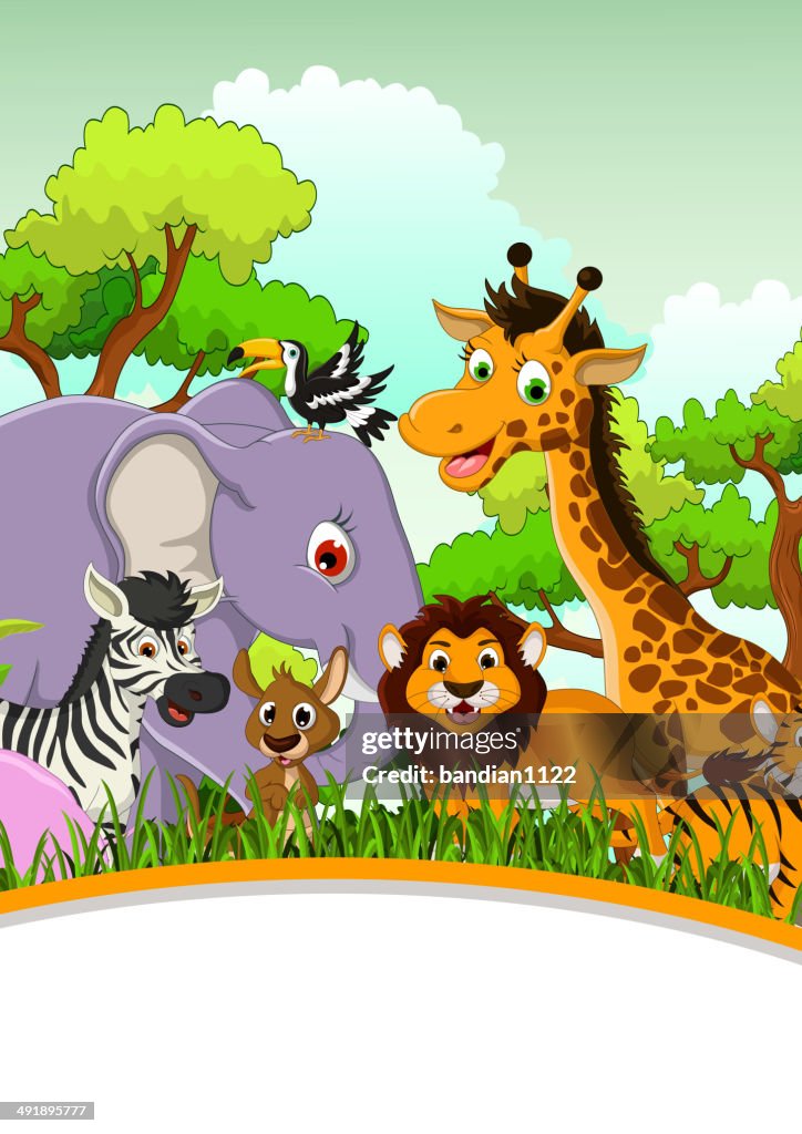 Animales De Dibujos Animados Con Un Cartel En Blanco Y El Fondo De Bosque Tropical Ilustración de stock - Getty Images Animales De Dibujos Animados Con Un Cartel En Blanco Y El Fondo De Bosque Tropical Ilustración de stock - Getty Images