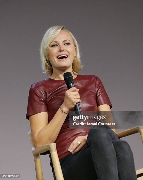 Actress Malin Akerman discusses the film "The Final Girls" during the Meet the Filmmaker event at the Apple Store Soho on October 8, 2015 in New York...