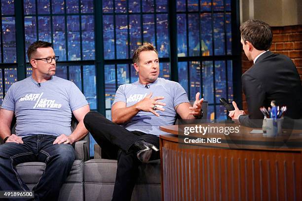 Episode 272 -- Pictured: Baseball analyst, Sean Casey and Kevin Millar, during an interview with host Seth Meyers on October 8, 2015 --