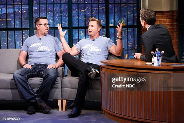 Episode 272 -- Pictured: Baseball analyst, Sean Casey and Kevin Millar, during an interview with host Seth Meyers on October 8, 2015 --