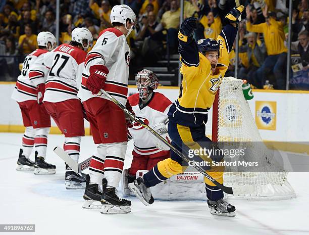 Viktor Arvidsson of the Nashville Predators reacts after scoring his first NHL goal against Carolina Hurricanes during the first period at...