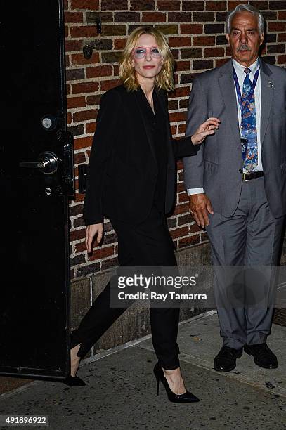 Actress Cate Blanchett leaves the "The Late Show With Stephen Colbert" taping at the Ed Sullivan Theater on October 8, 2015 in New York City.