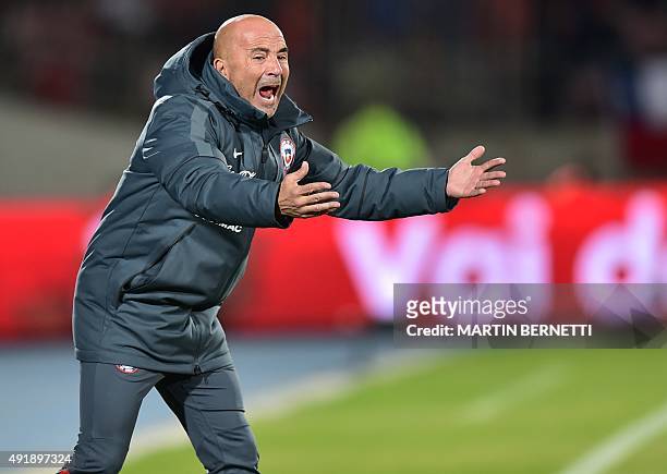 Chile's coach Jorge Sampaoli gestures during their Russia 2018 FIFA World Cup qualifiers match against Brazil, at the Nacional stadium in Santiago de...