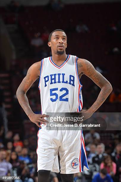 Jordan McRae of the Philadelphia 76ers looks on against the Cleveland Cavaliers during a pre-season game at the Wells Fargo Center on October 8, 2015...