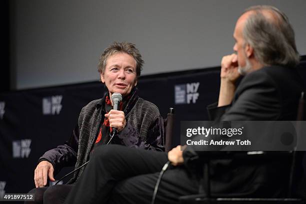 Filmmaker Laurie Anderson and New York Film Festival Director Kent Jones speak on stage at the "Heart Of Dog" Q&A during the 53rd New York Film...