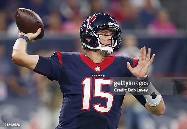 Ryan Mallett of the Houston Texans in the passes against the Indianapolis Colts in the first quarter on October 8, 2015 at NRG Stadium in Houston,...