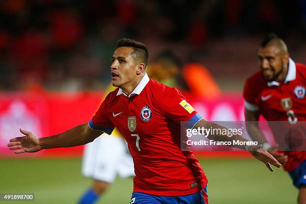 Alexis Sanchez of Chile celebrates after scoring the second goal of his team during a match between Chile and Brasil as a part of FIFA 2018 World Cup...