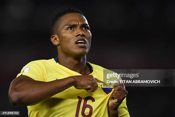 Ecuador's midfielder Antonio Valencia celebrates after his team scored against Argentina during their Russia 2018 FIFA World Cup qualifiers match, at...