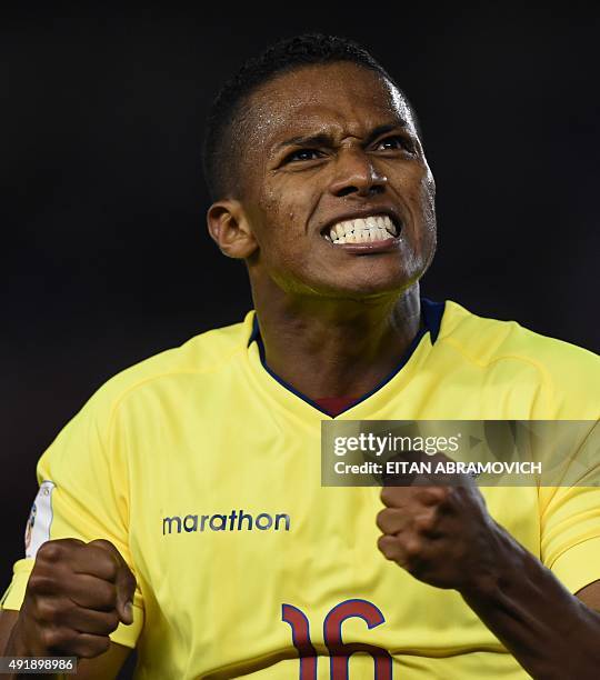 Ecuador's midfielder Antonio Valencia celebrates after a teammate scored against Argentina during their Russia 2018 FIFA World Cup qualifiers match,...
