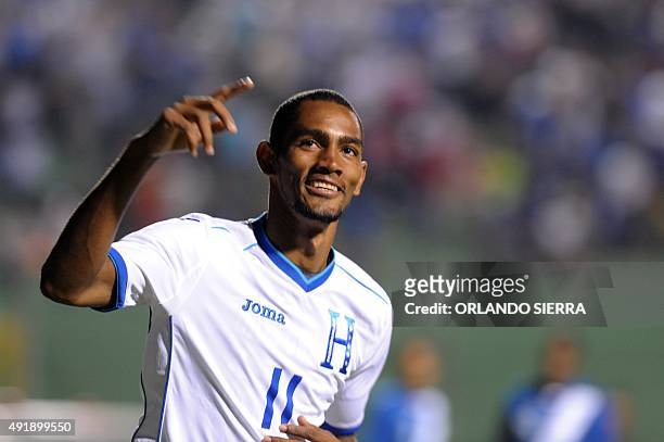 Honduras' Jerry Bengtson jubilates after scoring against Guatemala at Tiburcio Carias Andino stadium in Tegucigalpa, on 8 October during their...