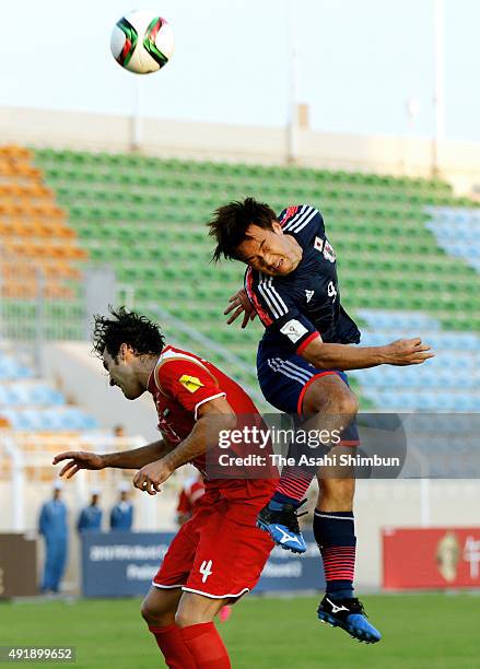 Shinji Okazaki of Japan in action during the 2018 FIFA World Cup Asian Group E qualifying match between Syria and Japan at Seeb Stadium on October 8,...