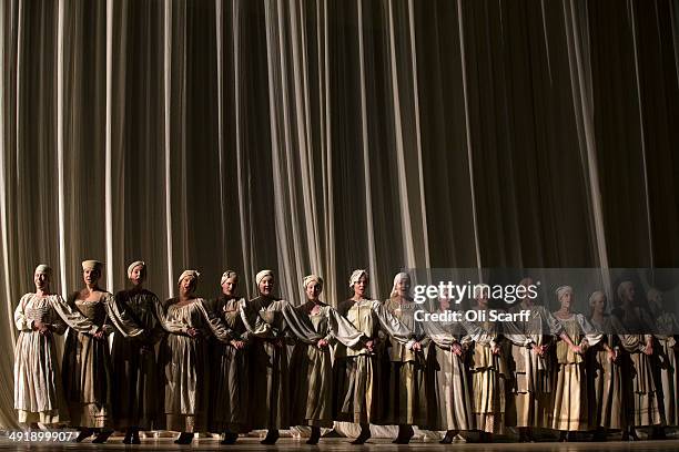 Opera singers perform in one of the last dress rehearsals for Pyotr Ilyich Tchaikovsky's opera 'Eugene Onegin' in Glyndebourne opera house on May 13,...