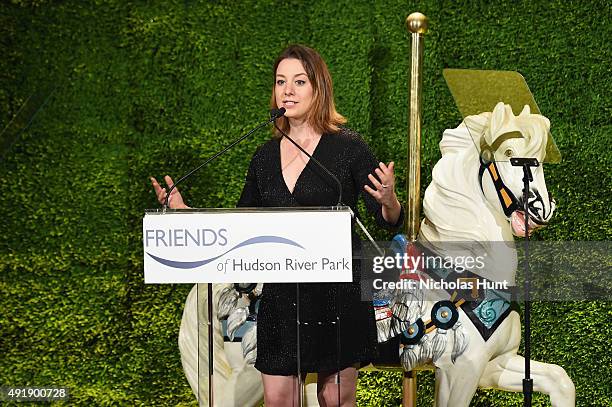 Olympic Champion Figure Skater Sarah Hughes speaks onstage during the 2015 Friends of Hudson River Park Gala at Hudson River Park's Pier 62 on...