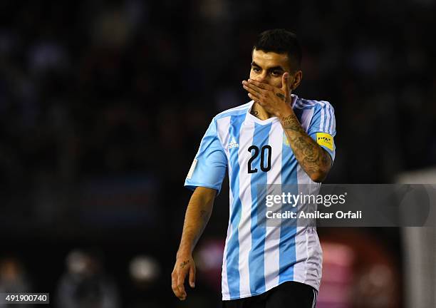 Angel Correa of Argentina walks in the field during a match between Argentina and Ecuador as part of FIFA 2018 World Cup Qualifier at Monumental...