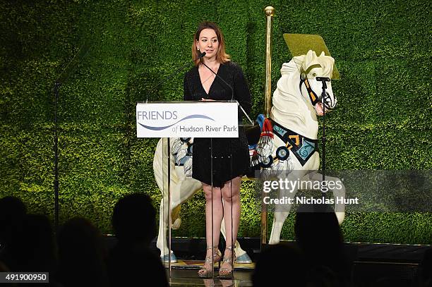 Olympic Champion Figure Skater Sarah Hughes speaks onstage during the 2015 Friends of Hudson River Park Gala at Hudson River Park's Pier 62 on...