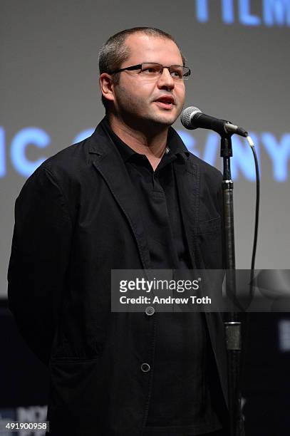 Director Corneliu Porumboiu speaks on stage at "The Treasure" cast introduction during the 53rd New York Film Festival at The Film Society of Lincoln...