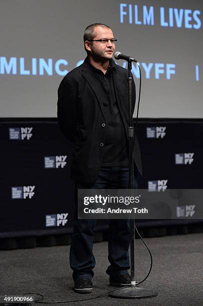 Director Corneliu Porumboiu speaks on stage at "The Treasure" cast introduction during the 53rd New York Film Festival at The Film Society of Lincoln...