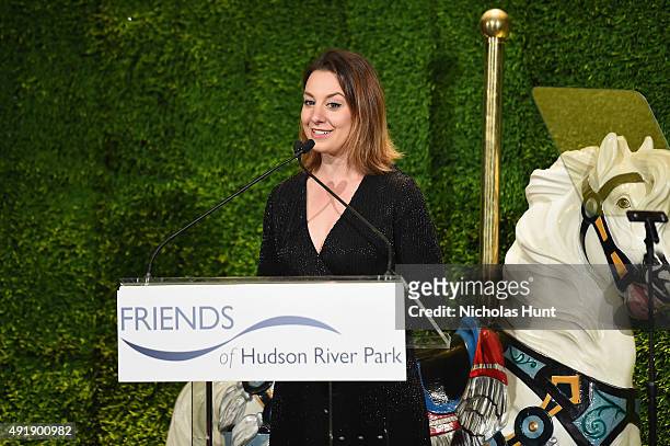 Olympic Champion Figure Skater Sarah Hughes speaks onstage during the 2015 Friends of Hudson River Park Gala at Hudson River Park's Pier 62 on...
