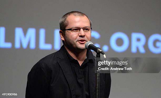 Director Corneliu Porumboiu speaks on stage at "The Treasure" cast introduction during the 53rd New York Film Festival at The Film Society of Lincoln...