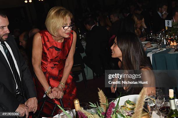 President and CEO of Hudson River Park Trust Madelyn Wells and Padma Lakshmi speak during the 2015 Friends of Hudson River Park Gala at Hudson River...