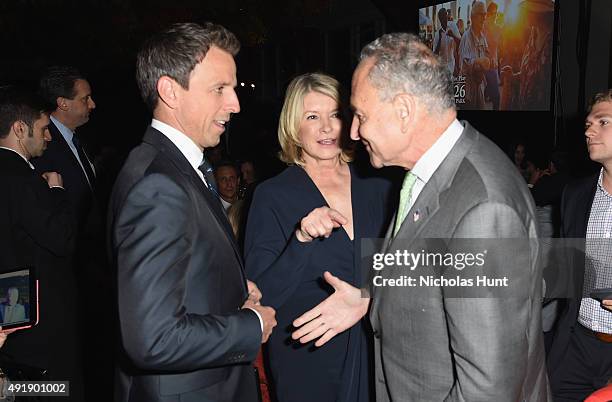 Seth Meyers, Martha Stewart and Senior United States Senator of New York Chuck Schumer attend the 2015 Friends of Hudson River Park Gala at Hudson...