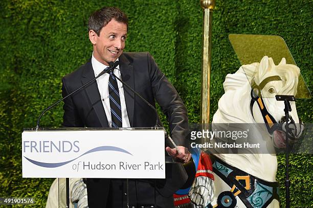 Seth Meyers speaks onstage during the 2015 Friends of Hudson River Park Gala at Hudson River Park's Pier 62 on October 8, 2015 in New York City.