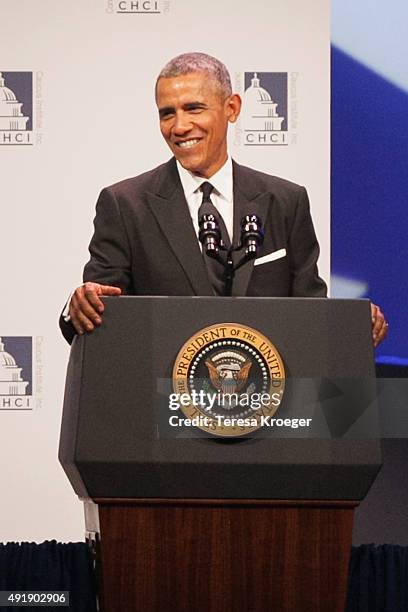 President Barack Obama speaks at CHCI's 38th Awards Gala at The Walter E. Washington Convention Center on October 8, 2015 in Washington, DC.