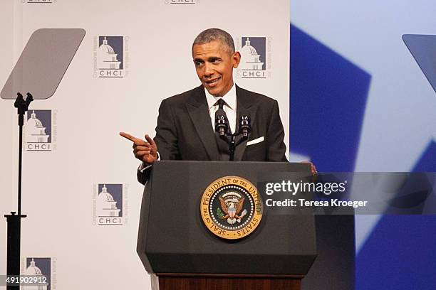 President Barack Obama speaks at CHCI's 38th Awards Gala at The Walter E. Washington Convention Center on October 8, 2015 in Washington, DC.