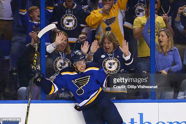 Robby Fabbri of the St. Louis Blues celebrates after scoring his first career goal against the Edmonton Oilers at the Scottrade Center on October 8,...