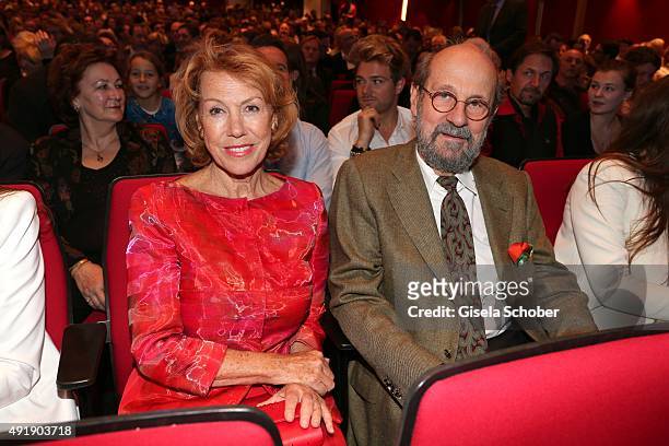 Gaby Dohm and her partner Peter Deutsch during the Munich premiere of the musical 'Ich war noch niemals in New York' at Deutsches Theatre on October...