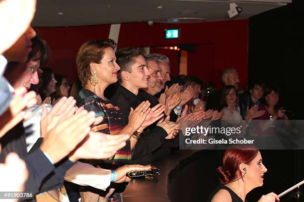 Jenny Juergens, daughter of Udo Juergens and her husband David Carreras Sole and stepson Matteo during the Munich premiere of the musical 'Ich war...