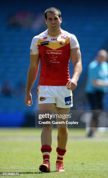 Michael Oldfield of Catalan Dragons in action during the Super League match between London Broncos and Catalan Dragons at Etihad Stadium on May 17,...