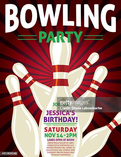 retro style bowling birthday party invitation template - ten pin bowling 幅插畫檔、美工圖案、卡通及圖標