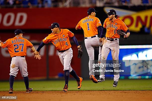 Jose Altuve of the Houston Astros, George Springer of the Houston Astros, Carlos Correa of the Houston Astros, and Jake Marisnick of the Houston...