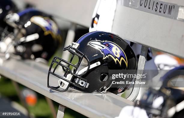 Baltimore Ravens helmet sits on the bench during their game against the Oakland Raiders at O.co Coliseum on September 20, 2015 in Oakland, California.