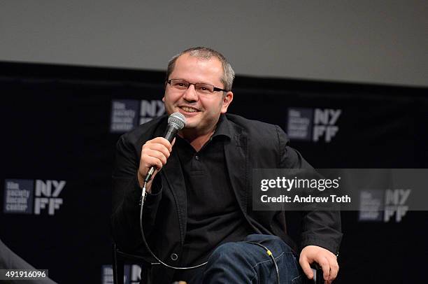 Director Corneliu Porumboiu speaks on stage at ''The Treasure'' Q&A during the 53rd New York Film Festival at The Film Society of Lincoln Center,...