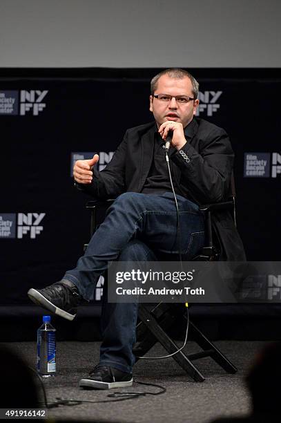 Director Corneliu Porumboiu speaks on stage at ''The Treasure'' Q&A during the 53rd New York Film Festival at The Film Society of Lincoln Center,...